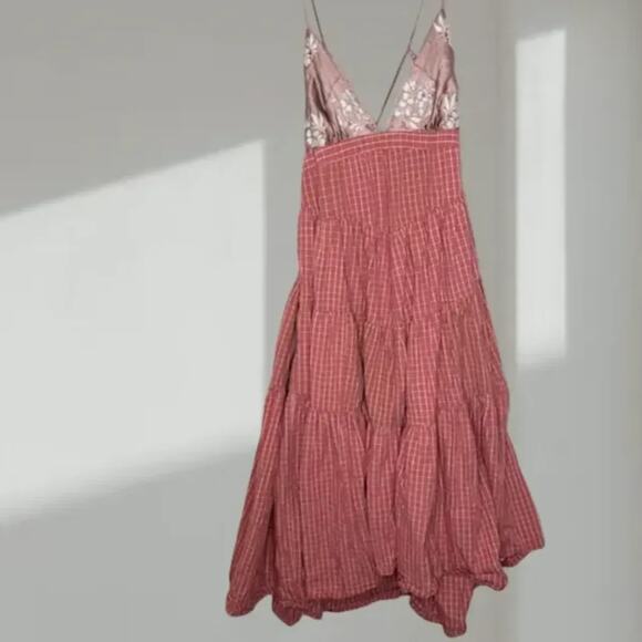 Free People High-Low Tiered Maxi Dress – Pink Plaid Floral (Women’s M) - Picture 2 of 9
